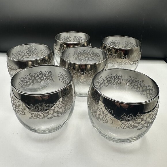 Libbey Silver Overlay Grapevine Roly Poly Glasses Set of 6 Mid Century Vtg 1950s - Picture 1 of 7